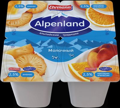 Йогуртный продукт Alpenland молочный 2,5% Ананас/Нектарин и апельсин, 95г