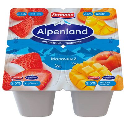 Йогуртный продукт Alpenland молочный 2,5% Клубника/Персик и манго, 95г