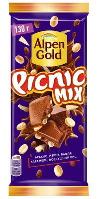 Шоколад Alpen Gold Picnic MIX молочный c арахисом, изюмом, возд.рисом, кусоч.карам и вафел.крошкой, 130г