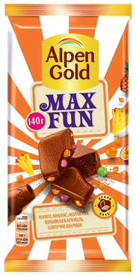 Alpen Gold MaxFun молочный шоколад, c фруктовыми кусочками, со вкусом манго, ананаса, маракуйи, с ши Alpen Gold MaxFun молочный шоколад, c фруктовыми кусочками, со вкусом манго, ананаса, маракуйи, с ши