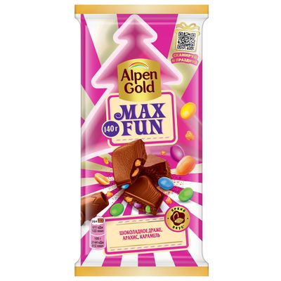 Шоколад молочный Alpen Gold Max Fun с арахисом, шоколадным драже и карамелью, 140гр