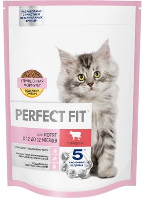 Cухой полнорационный корм PERFECT FIT для котят от 2 до 12 месяцев, с говядиной, 650г Cухой полнорационный корм PERFECT FIT для котят от 2 до 12 месяцев, с говядиной, 650г