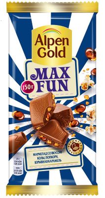 Alpen Gold MaxFan молочный шоколад, мармелад со вкусом колы, попкорн, карамель,140гр. Alpen Gold MaxFan молочный шоколад, мармелад со вкусом колы, попкорн, карамель,140гр.