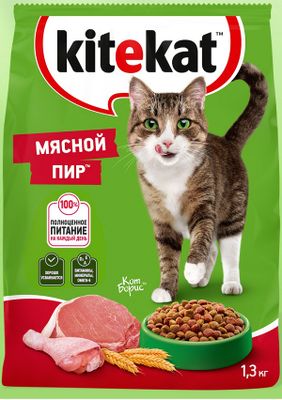 Сухой полнорационный корм Kitekat для взрослых кошек Мясной Пир, 1,3кг