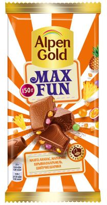 Alpen Gold MaxFun молочный шоколад, c фруктовыми кусочками, со вкусом манго, ананаса, маракуйи, с ши Alpen Gold MaxFun молочный шоколад, c фруктовыми кусочками, со вкусом манго, ананаса, маракуйи, с ши