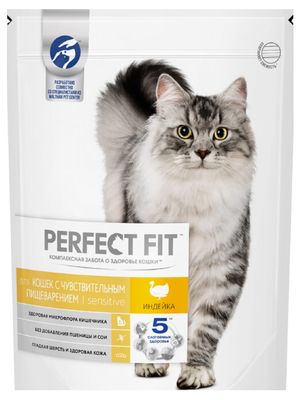 Сухой корм PERFECT FIT для взрослых кошек с чувствительным пищеварением, с индейкой, 650г