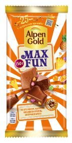 Alpen Gold MaxFun молочный шоколад, c фруктовыми кусочками, со вкусом манго, ананаса, маракуйи, с ши