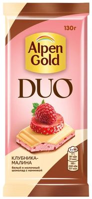 Шоколад Alpen Gold DUO белый и молочный с клубничной начинкой и фруктовыми кусочками, 130г