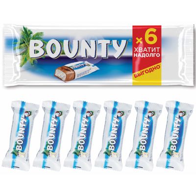 Шоколадный батончик Bounty с нежной мякотью кокоса, пачка 6 штук по 27,5 г Шоколадный батончик Bounty с нежной мякотью кокоса, пачка 6 штук по 27,5 г