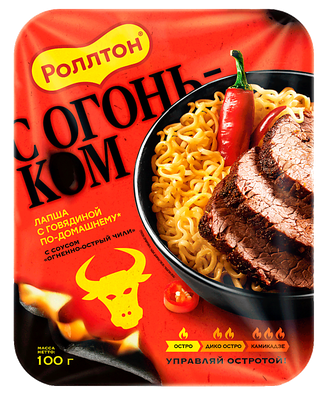 Лапша Роллтон с говядиной по-домашнему с соусом Огненно-острый чили 100г