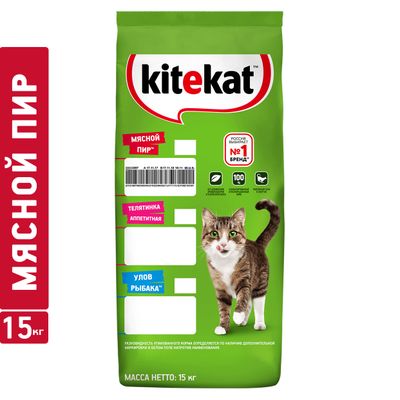 Сухой полнорационный корм Kitekat для взрослых кошек Мясной Пир, 15кг
