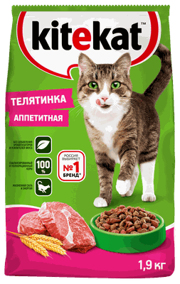 Сухой полнорационный корм Kitekat  для взрослых кошек Телятинка Аппетитная, 1,9кг