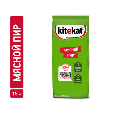 Сухой полнорационный корм Kitekat для взрослых кошек Мясной Пир, 15кг