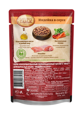 Влажный корм для кошек Nature’s Table Индейка в соусе, 85г