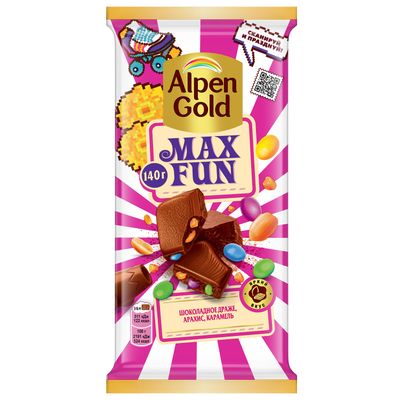 Шоколад Alpen Gold Max Fun молочный Шоколадное драже, арахис, карамель 140г