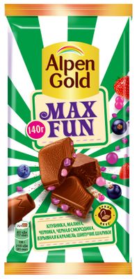 Шоколад Alpen Gold МаксФан мол cо вкусом клуб, мал, черн, черн.смородины, с шип рис шар, кусоч. кар. взр