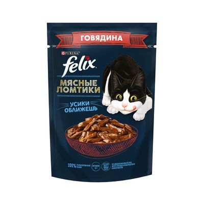 Влажный корм Felix Мясные Ломтики для взрослых кошек, с говядиной, пауч, 75г
