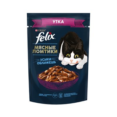 Влажный корм Felix Мясные Ломтики для взрослых кошек, с уткой, пауч, 75г