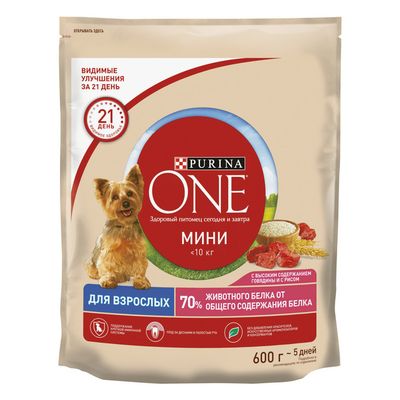 Сухой корм Purina ONE для собак мелких пород с активным образом жизни, с высоким содержанием говядины и с рисом, пакет 8*600г