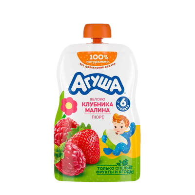 Пюре фруктовое Агуша Яблоко-клубника-малина, пауч, 90г