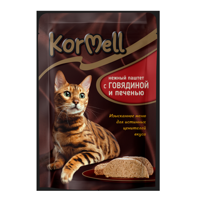 Корм KorMell консервированный полнорационный для кошек говядина и печень паштет пауч 75 гр