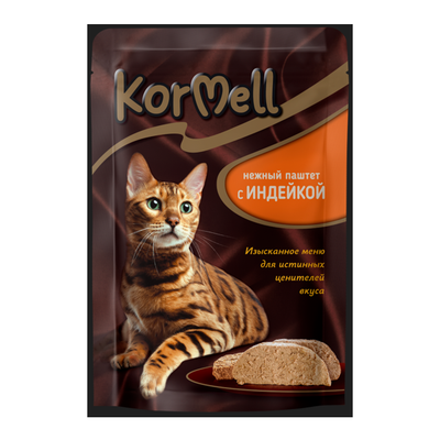 Корм KorMell консервированный полнорационный для кошек с индейкой паштет пауч 75 гр