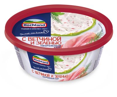 Сыр творожный Hochland с ветчиной и зеленью, ванночка, 140г