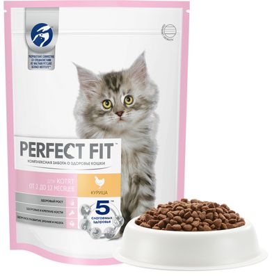 Cухой полнорационный корм PERFECT FIT для котят от 2 до 12 месяцев, с курицей, 650г