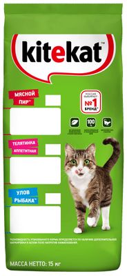 Сухой полнорационный корм Kitekat для взрослых кошек Телятинка Аппетитная, 15 кг