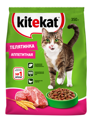 Сухой полнорационный корм Kitekat для взрослых кошек Телятинка Аппетитная, 350 г