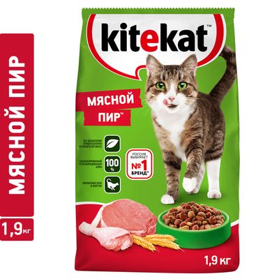 Сухой полнорационный корм Kitekat для взрослых кошек Мясной Пир, 1,9кг