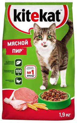 Сухой полнорационный корм Kitekat для взрослых кошек Мясной Пир, 1,9кг