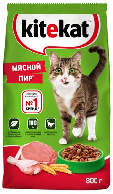 Сухой полнорационный корм Kitekat для взрослых кошек Мясной Пир, 800г