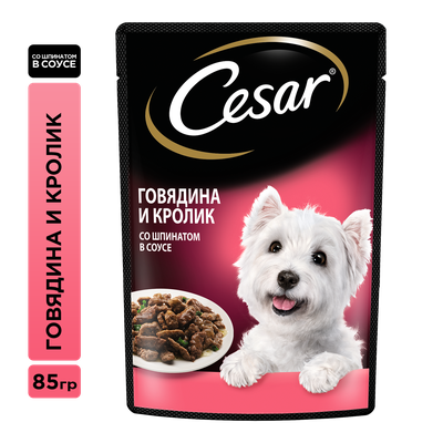 Влажный корм Cesar для взрослых собак, с говядиной, кроликом и шпинатом в соусе, 85г