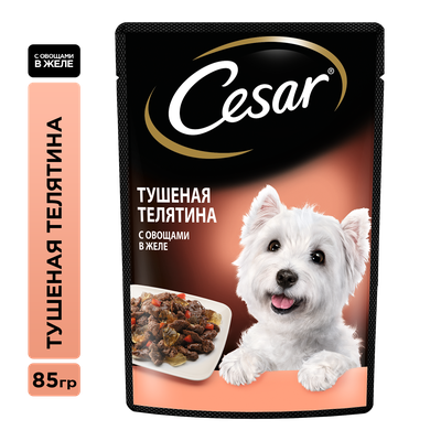 Влажный корм Cesar для взрослых собак, с тушеной телятиной и овощами в желе, 85г