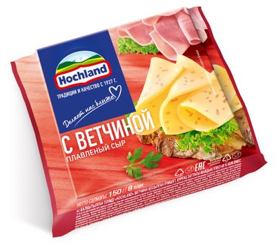 Сыр плавленый Hochland с ветчиной , ломтики, 150г