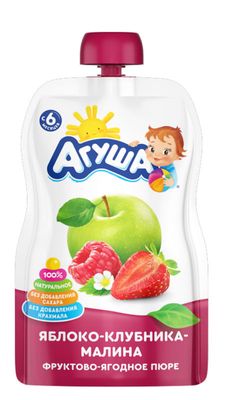 Пюре фруктовое Агуша Яблоко-клубника-малина, пауч, 90г
