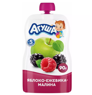 Пюре фруктовое Агуша Яблоко-ежевика-малина, пауч, 90г
