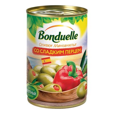 Оливки без косточки Бондюэль со сладким перцем, 300г/314 мл