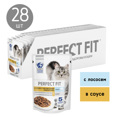 Влажный корм Perfect Fit для кошек с чувствительным пищеварением, с лососем в соусе, 75г