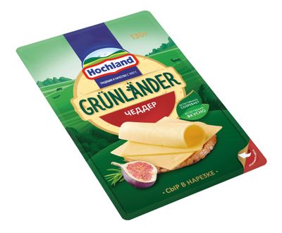 Сыр полутвердый Hochland Grunlander Чеддер 50%, нарезка, в/у, 130г