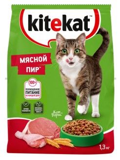 Сухой полнорационный корм Kitekat для взрослых кошек Мясной Пир, 1,3кг