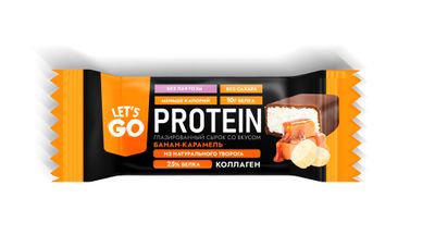 Сырок творожный глазированный Let's Go безлактозный высокобелковый с коллагеном, с бананом и вкусом карамели 5% флоу-пак 40 г.
