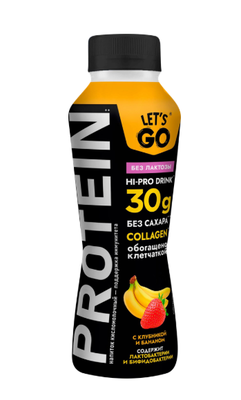 Напиток кисломолочный Let's Go 0% безлактозный, высокобелковый с клубникой и бананом, 340г