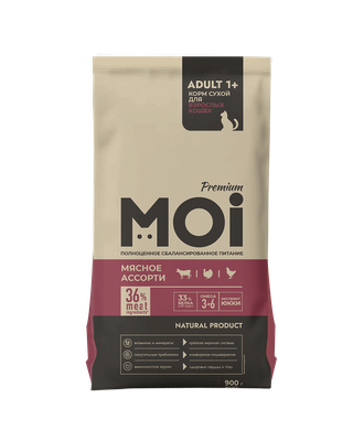Корм сухой MOI для взрослых кошек Мясное ассорти 900 г