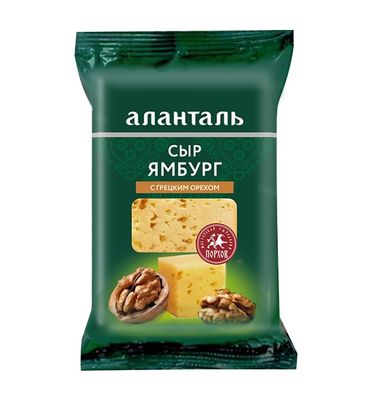 Сыр Аланталь полутвердый Ямбург с грецким орехом 45%, флоу-пак 190г Сыр Аланталь полутвердый Ямбург с грецким орехом 45%, флоу-пак 190г