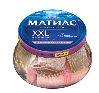 Филе-кус сельди Матиас атл.слабос XXL отборный по-скандинавски с клюквой в масле 260г