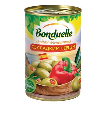 Оливки без косточки Бондюэль со сладким перцем, 300г/314 мл