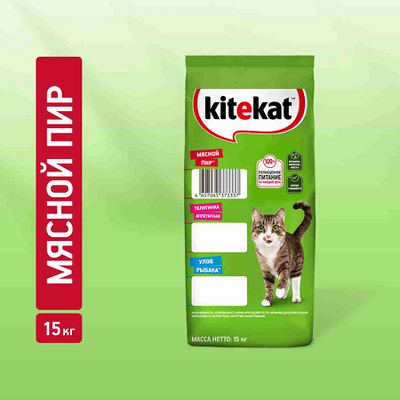 Сухой полнорационный корм Kitekat для взрослых кошек Мясной Пир, 15кг