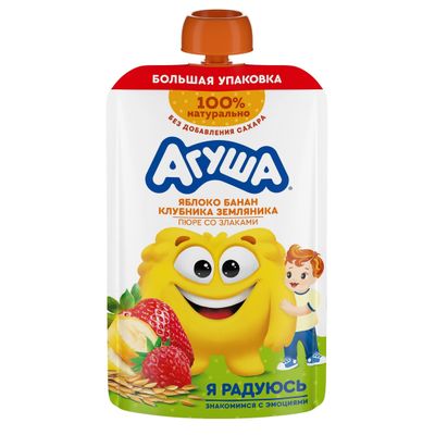 Пюре фруктовое Агуша Яблоко-банан-клубника-земляника-злаки, пауч, 160г Пюре фруктовое Агуша Яблоко-банан-клубника-земляника-злаки, пауч, 160г